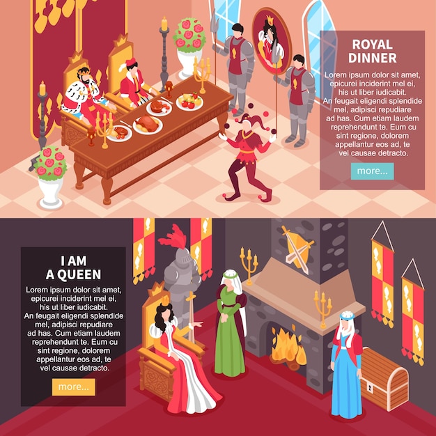 Isometric castle royal interiors set illustration