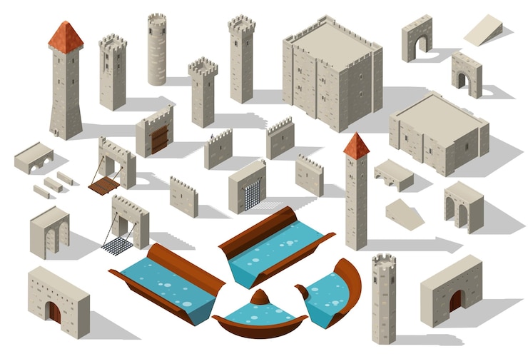 Vector isometric castle tower with wall bridge and moat