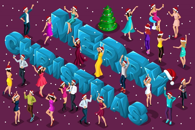 Isometric celebration, men and women have fun against the backdrop of the big letters