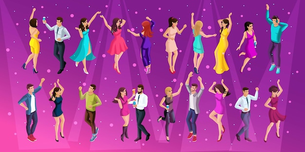 Isometric celebration men and women have fun at a party in a nightclub celebrate