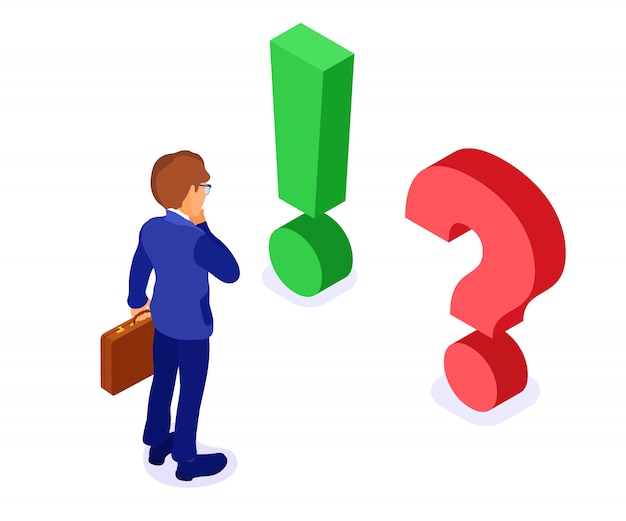 Vector isometric character businessman with briefcase makes choice with red question and green exclamation mark isometric examing isolated