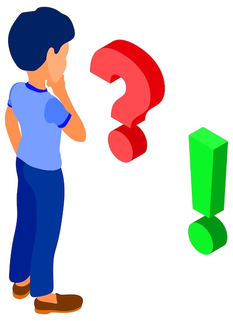 isometric character man makes choice online education or distance exam with question and exclamation