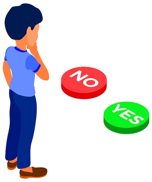 isometric character man makes choice online education or distance exam with yes or no