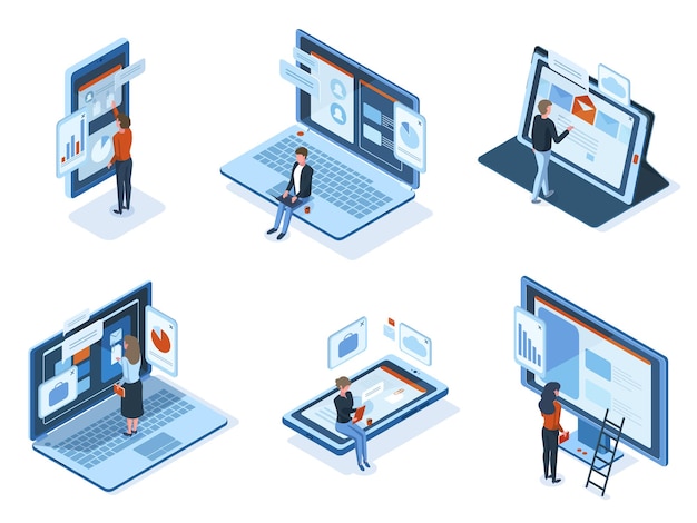 Isometric characters use technology gadgets interfaces. people work or study use laptop tablet smartphone screens vector illustration set. characters interact interfaces using online services