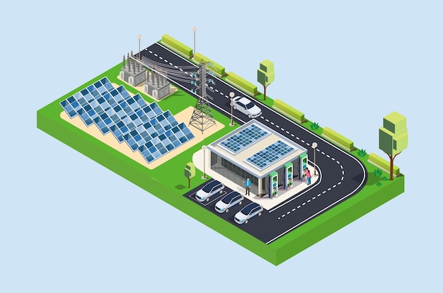 Vettore stazione di ricarica isometrica per veicoli elettrici super veloci che utilizzano pannelli solari e molta ricarica