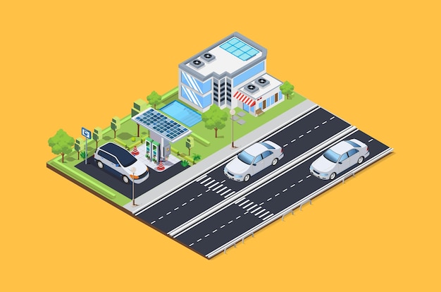 Vector isometric charging station for super fast electric vehicles using solar panels and lots of charging