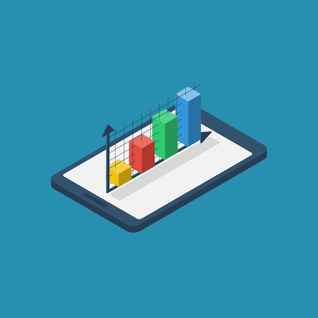 Grafico isometrico, diagramma su tablet. infografica per le tue presentazioni aziendali. illustrazione vettoriale per il layout del flusso di lavoro, modello di progettazione.