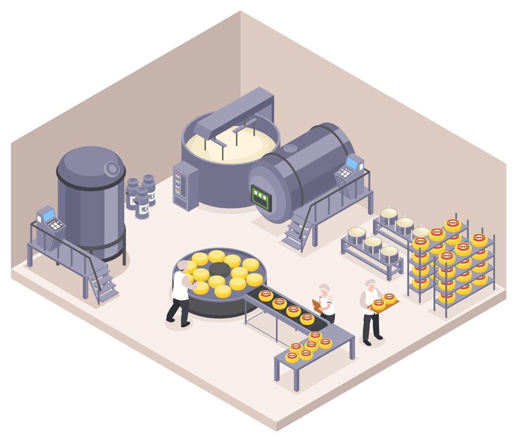 Vector isometric cheese production composition with indoor view of factory department with industrial mixers and conveyor lines vector illustration