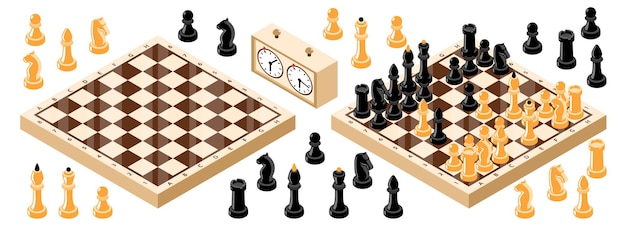 La scacchiera isometrica ha messo con l'orologio del cronometro delle figure di scacchi e l'illustrazione di due scacchiere