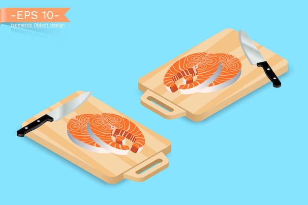 Vector isometric chopping board with knife and salmon