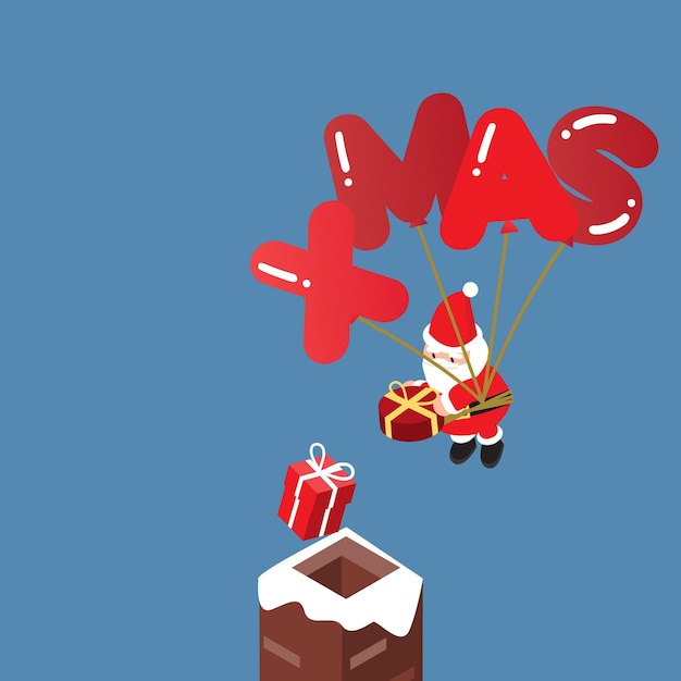 isometric Christmas banner with Santa floating above chimney to deliver Christmas gift for Christmas