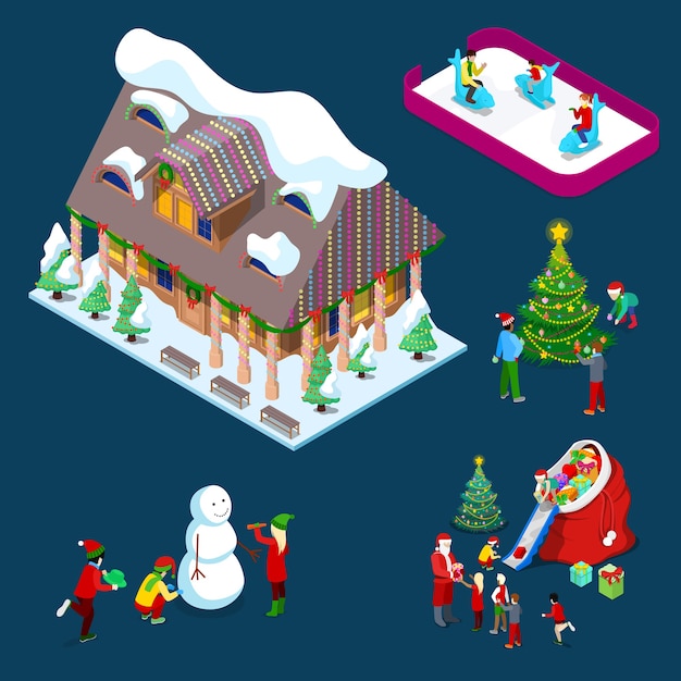 Isometric christmas decorated house with christmas tree, santa, children and snowman.    illustration