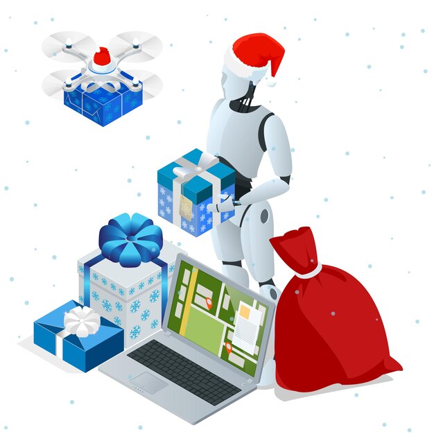 Isometric Christmas robot, Santa Drone Fast Delivery of goods in the city. Technological shipment innovation concept. Autonomous logistics.