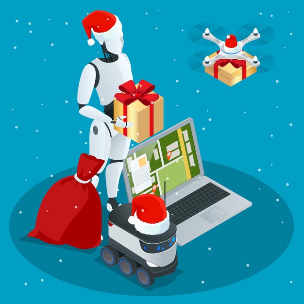 Isometric Christmas robot, Santa Drone Fast Delivery of goods in the city. Technological shipment innovation concept. Autonomous logistics.
