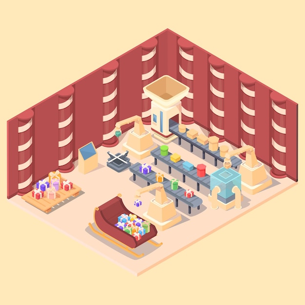 Isometric christmas santa factory, vector illustration