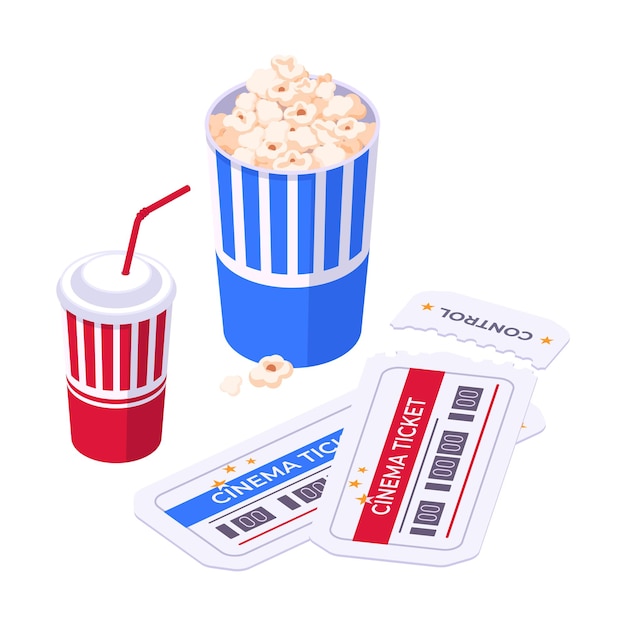 isometric cinema concept 3d vector illustration movie theatre symbols set