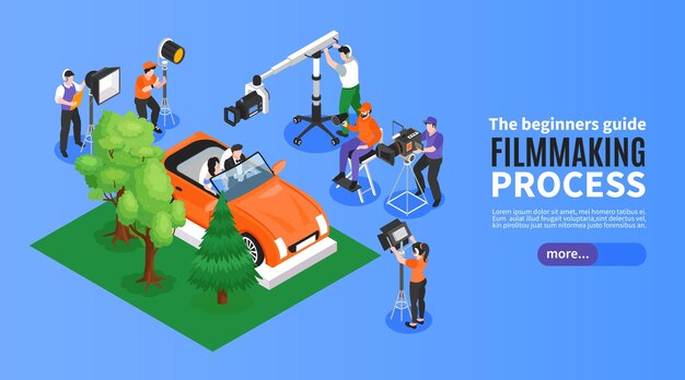 Isometric cinematography horizontal banner with film set elements shooting crew and editable text with more button