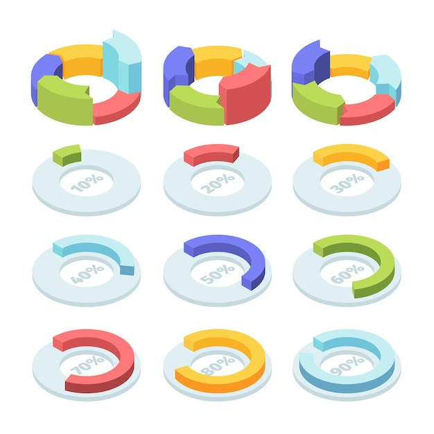 Isometric circle pie chart set