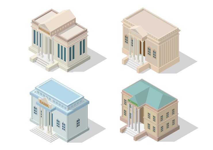 Vector isometric city architecture public building. museum court bank and school building isolated