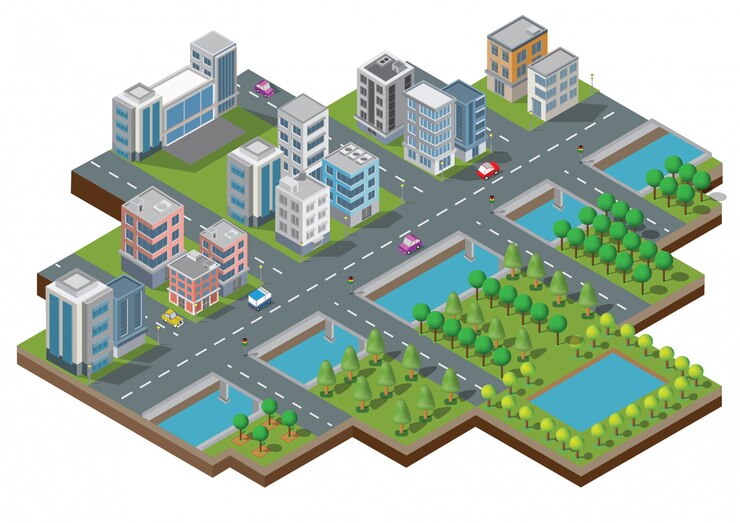 Vector isometric city building vector. the town on yard with road and trees. bridge over the river. smart city and public park. building 3d, cars, capital, vector office and metropolis concept. 