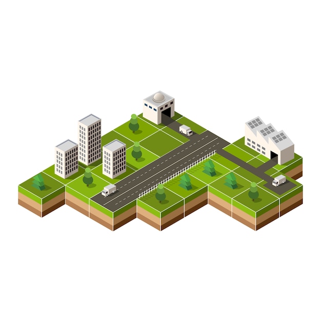 Isometric city center on the map with lots of buildings