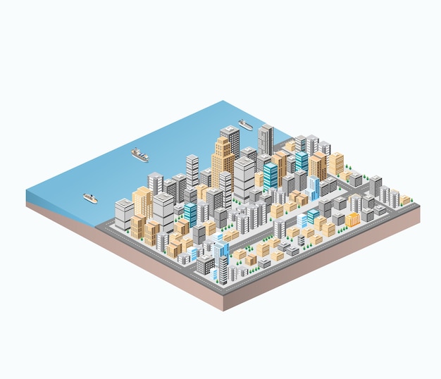 多くの建物、高層ビルがある地図上の等尺性都市センター