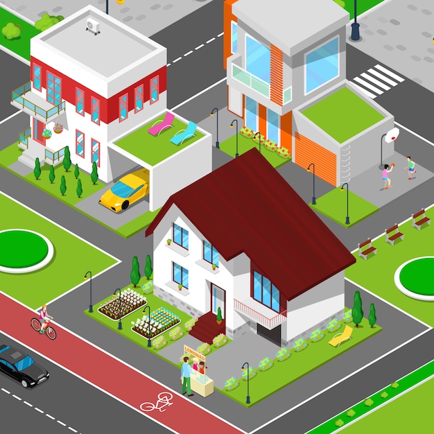 Isometric city cottage dormitory area with houses, bicycle path and sports playground.