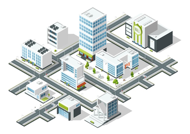 Città isometrica. paesaggio del centro con grandi edifici per uffici isolati su sfondo bianco