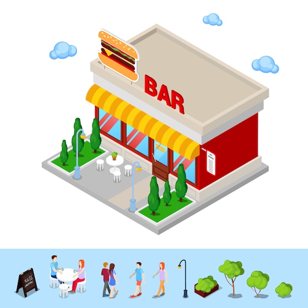 Città isometrica. fast food bar con tavolo e alberi. illustrazione vettoriale