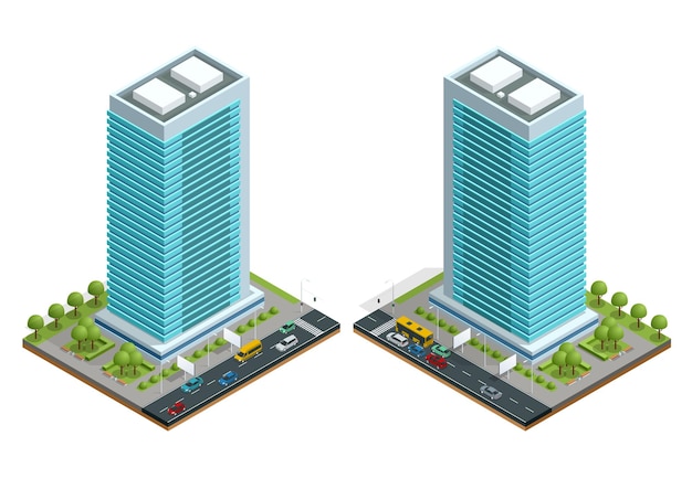 ベクトル 等尺性の都市は、建物と道路の分離されたベクトル図で構成を収容します。都市要素の建築、家、道路、交差点、信号機、車のコレクション。