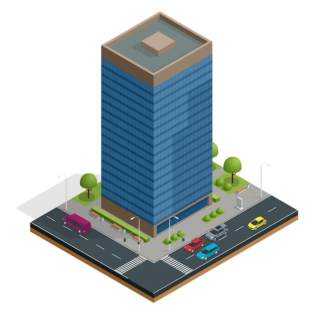 Isometric city houses composition with building and road\
isolated vector illustration. collection of urban elements\
architecture, home, road, intersection, traffic light and\
cars.