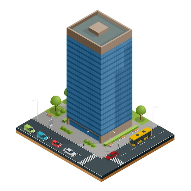 Isometric city houses composition with building and road\
isolated vector illustration. collection of urban elements\
architecture, home, road, intersection, traffic light and\
cars.