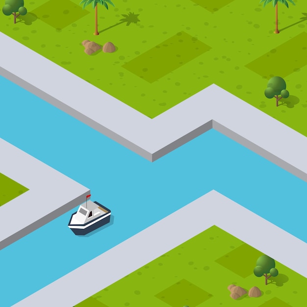 Isometric city industrial port with transport boat and naval ships