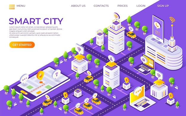 Isometric city landing page. smart town concept with futuristic buildings and transport. vector illustration global technology web page cities innovation platform