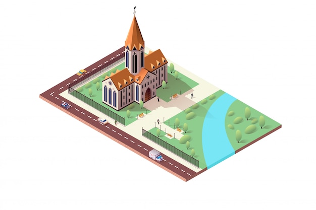 Isometric city landscape with catholic cathedral