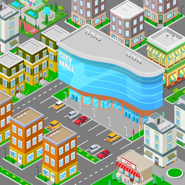 Isometric city mall. modern shopping center building with parking zone. vector illustration