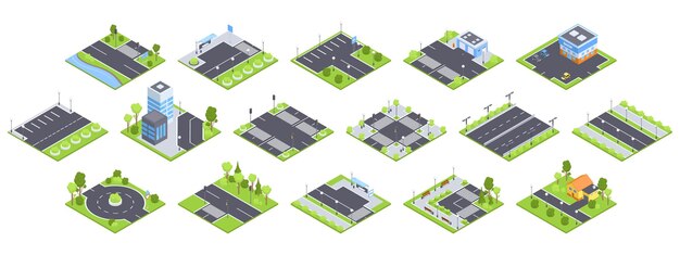 Isometric city map elements Buildings asphalt roads crossroads with traffic lights billboards road signposts and trees 3D vector illustration set