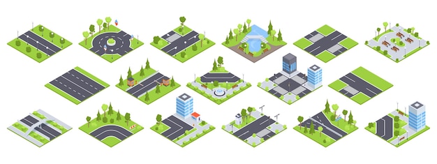 Isometric city map elements Street roads buildings crossroads with traffic lights and street gardening 3D vector illustration set