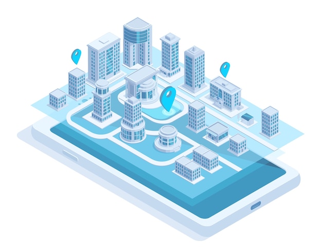 Isometric city map mobile navigation on smartphone screen. Modern smart city navigation mobile app vector illustration. City buildings online navigation
