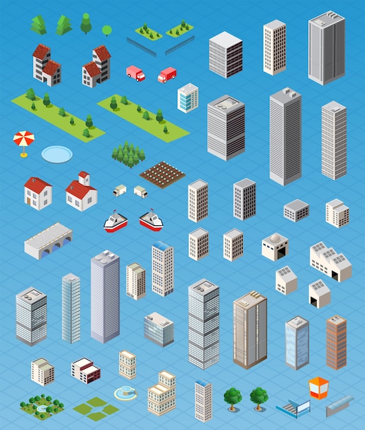 Vector isometric city map road, trees and building home elements set isolated