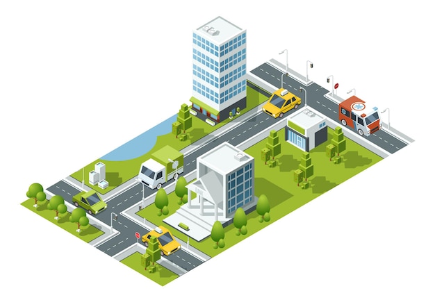 Vector isometric city map. urban landscape with buildings and transport