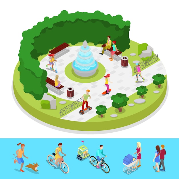 Isometric city park composition with active people