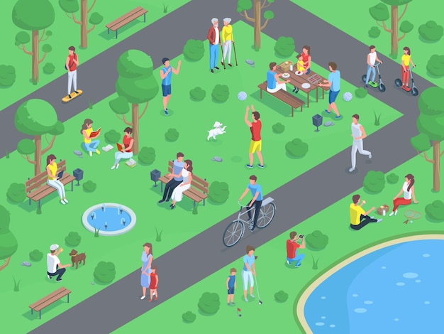 ベクトル 野外活動をしている人々との等角投影の都市公園の風景。公園の夏のアクティブなレクリエーションのベクトル図です。歩いたり、ジョギングしたり、ピクニックをしたりする人