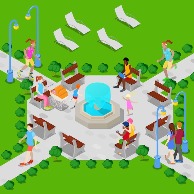 Vector isometric city park with fountain. active people walking in park.