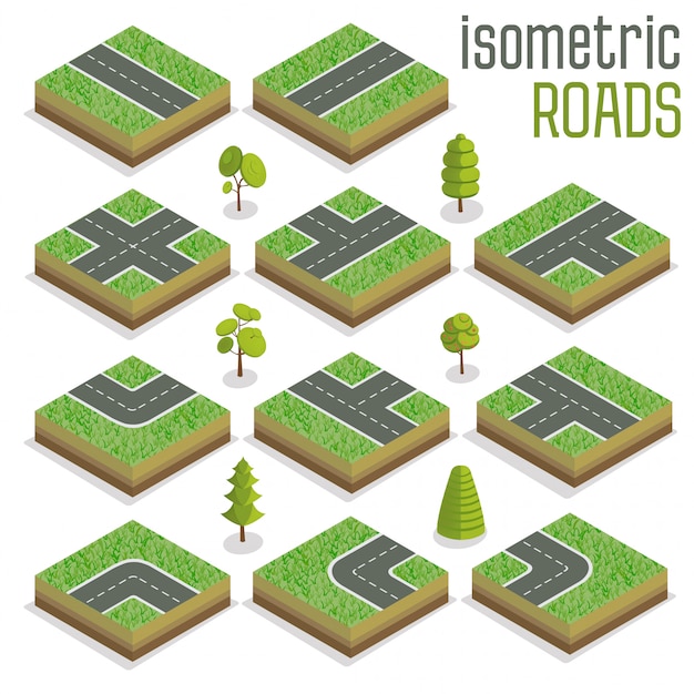 Elementi di strada città isometrica impostato con alberi