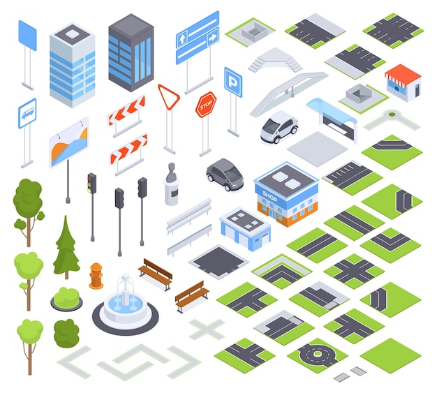 Vector isometric city road elements and traffic signposts street road signs crossroads traffic light and bus shop 3d vector illustration set urban city environment collection