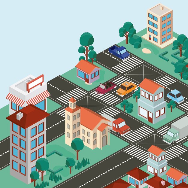 Vector isometric city scene icons