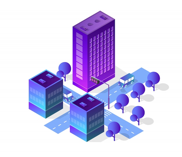 Vector isometric city set of violet colors building