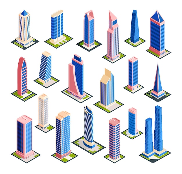 Vector isometric city skyscrapers set with isolated images of modern urban architecture tall buildings on blank background vector illustration