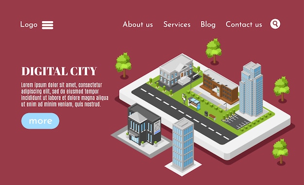 Vector isometric city street with buildings landing page template